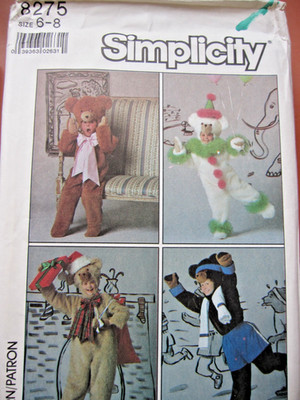 Simplicity #8275 CHILD'S BEAR COSTUME  Sewing Pattern Uncut Sizes 6-8