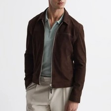 REISS Riley Suede Zip-Through Jacket  Tobacco Brown Mens Chocolate Excellent