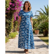 New Aura Button Down Maxi Shirt Dress Fish Pleated Cottage Rayon Blue Size M NWT