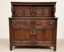 Ercol Dark Oak Court Cupboard Carved Two Door Sideboard Traditional Storage Cabi