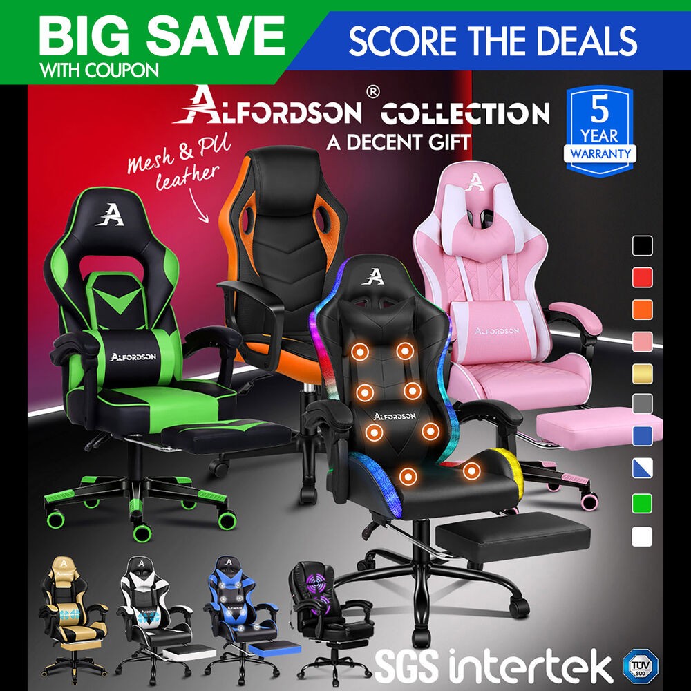 Alfordson Gaming Rgb Led Chair ALFORDSON Gaming Chair Office 12 RGB LED  Massage Computer Seat