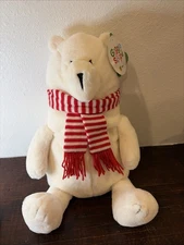 12”Polar Bear With Red White Stripes Scarf Stuffed Animal Plush Giggle Scape