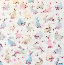 Easter Cotton Fabric, Bunny w/Flowers, Pastels, Quilting, By the Half Yard