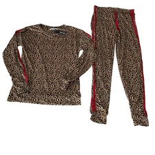Joan Vass Leopard Print Shirt Pant Set Womens Size M Multicolor Stretch