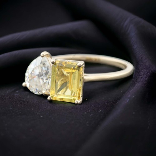 925 Sterling Silver 8x6 mm Emerald Cut Natural Citrine Ring Toi Et Moi Ring - Picture 3 of 7