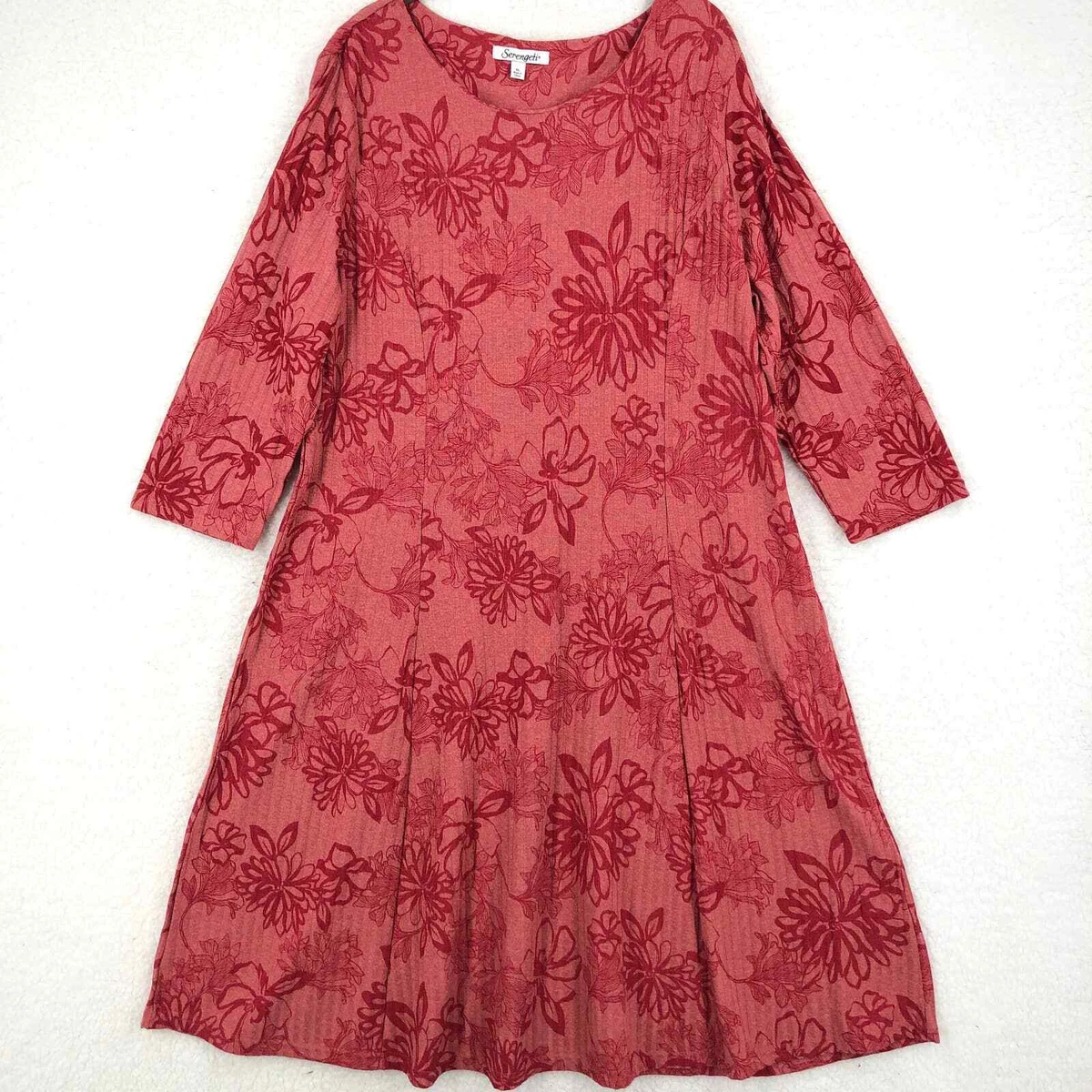 Serengeti Womens XL Dress A Line 3 4 Sleeve Floral Ribbed Knit