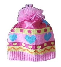 Girls Pink Size Small Heart Knitted Pom Pom Acrylic Beanie New w/o Tag Unbranded