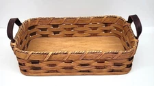 Amish Cracker Basket Server Solid Oak Handwoven w/Genuine Leather Handles 13.5"L