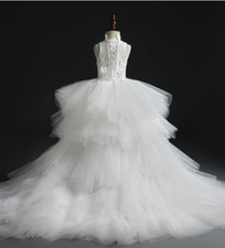 Long Trailing White Lace Dress Flower Tulle Ball Gown Girls Pageant Gown