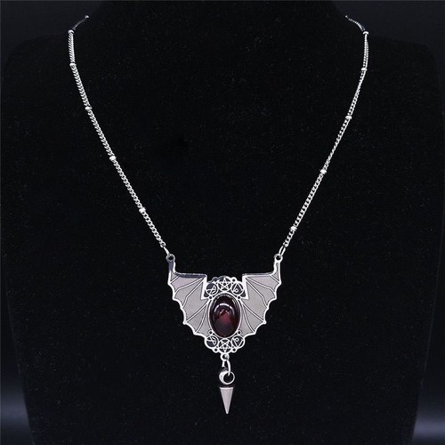 Vampire Bat Wings Necklace Stainless Steel Red Stone Pentagram Gothic Jewelry