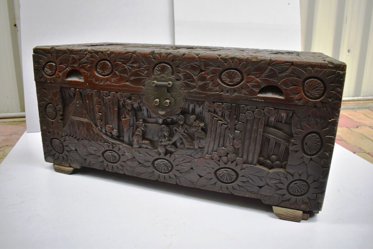 Antique Chinese Carved Camphor Wood Chest Blanket Box Trunk Rectangular  Genuine