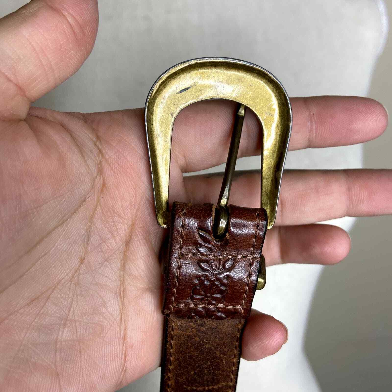 Vintage Tooled Leather Floral Brass Buckle Belt - image 4
