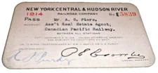 1914 NEW YORK CENTRAL & HUDSON RIVER RAILROAD NYC EMPLOYEE PASS #5839 CPR