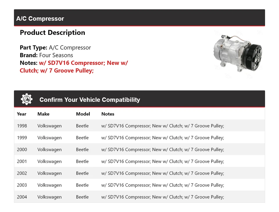 Compresor de aire acondicionado para Volkswagen Beetle 1998-2004 4 estaciones 1999 2000 2001 2002 Foto 2 de 4