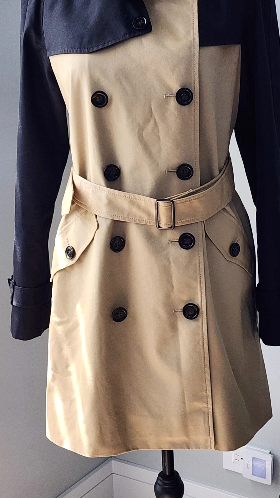 Coach M Colorblock Trench Coat Moderno Doppiopetto Cintura Nero Beige