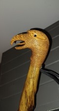 Hand Carved Wood Walking Stick Cane American Eagle Head Twisted Folk Art Strap