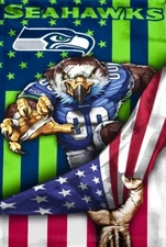 (2) Seattle Seahawks US Flag Mascot Design Vinyl Stickers 5x3.5 Decals