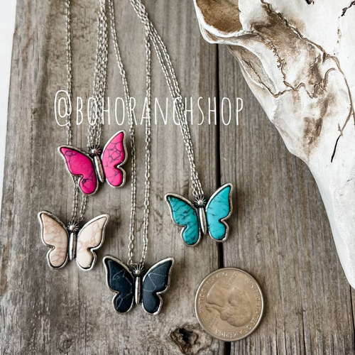 Butterfly Stone Pendant Western Choker Necklace Fuchsia Hot Pink - Picture 2 of 7