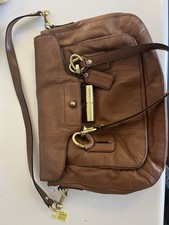 Coach Brown Leather Women  s Shoulder Bag Gold Hardware Turn Lock Inner Pockets