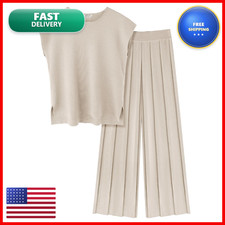 Ekouaer Lounge Sets For Women Two Piece Outfits Knit Cap Sleeve Tops Wide Leg