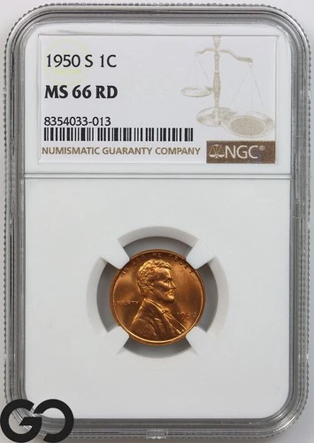 1950-S Lincoln Cent Wheat Penny, RED, NGC MS-66 RD ** Gorgeous!