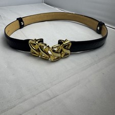 Vintage Adjustable Italian Croco Embossed Leather Belt Black Gold Tone Buckle