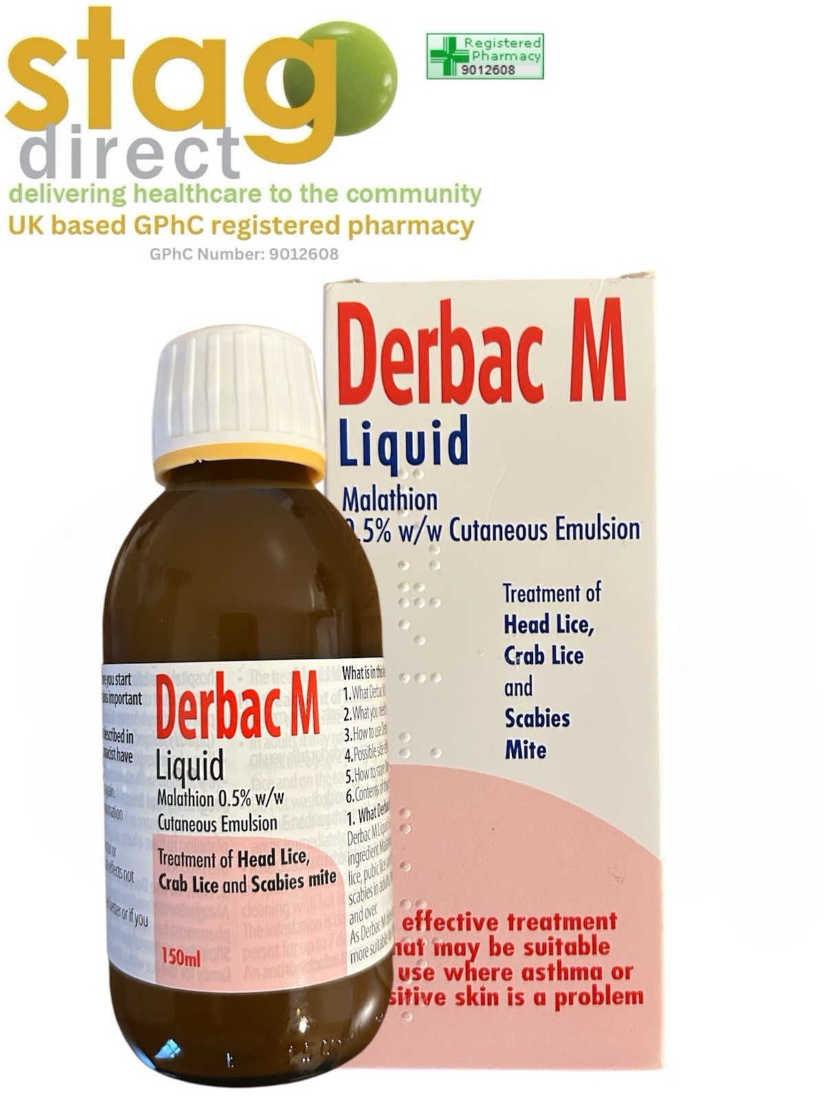 Derbac M Liquid - 150ml - Eradicates Head Lice/Pubic Lice/Scabies - UK Pharmacy