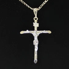 14k Gold Plated 55mm Two Tone Crucifix Pendant Figaro Chain Men Women Necklace