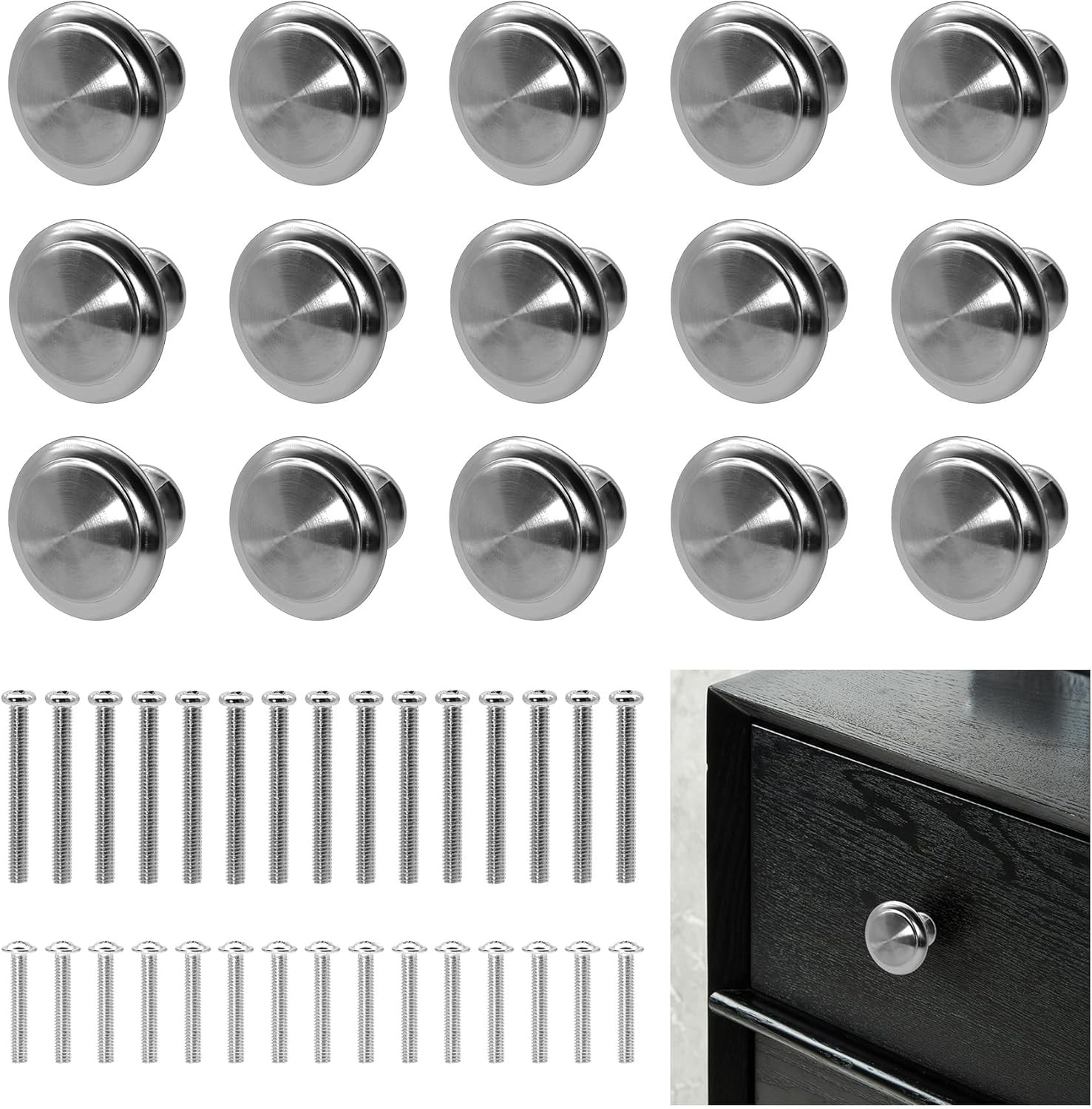 15PCS Cabinet Door Knobs, 27mm Silver Round Brushed Metal Knobs, Drawer Pull
