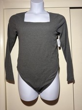 Square Neck Ribbed Long Sleeve Bodysuit - Charcoal Gray sz XL NWT