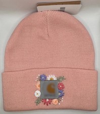Pink Knit Acrylic Beanie Hand Embroidered Floral