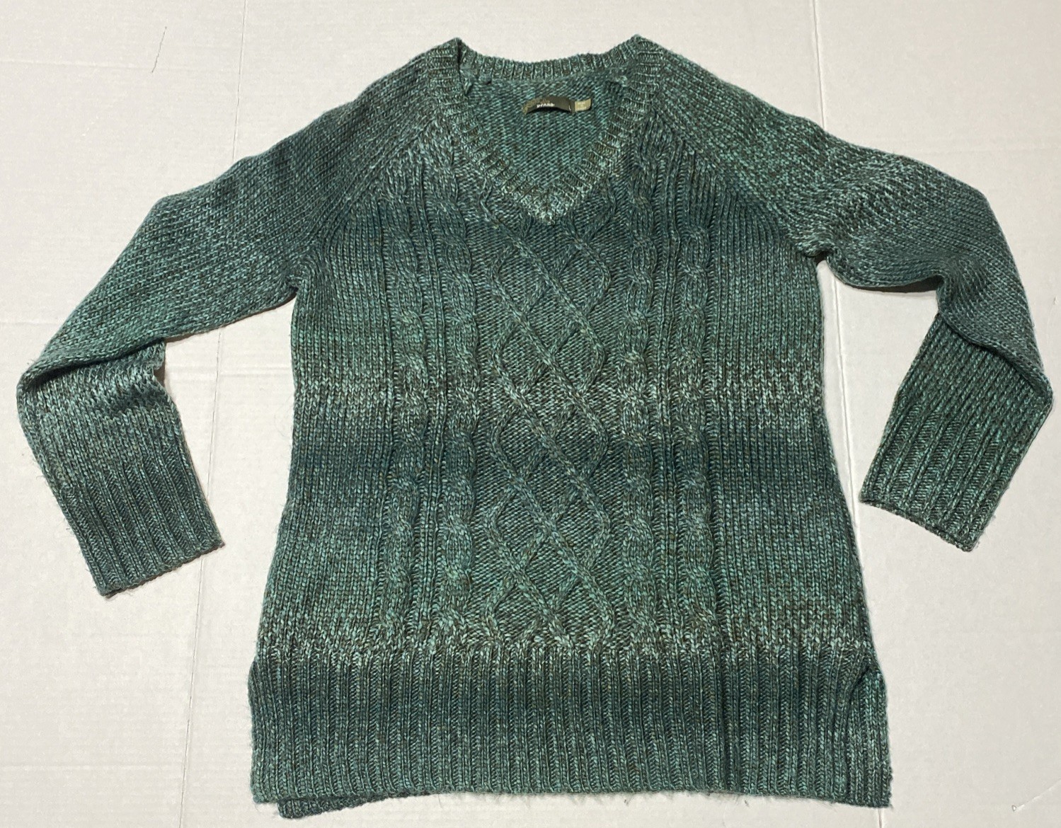 Prana Leisel Cable Knit Ombre V-Neck Sweater Women’s L Tunic Green Soft