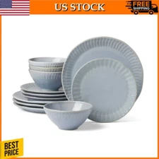12Pc Artisanal Blue Stripe Stoneware Tableware Set Dishwasher Safe Service for 4