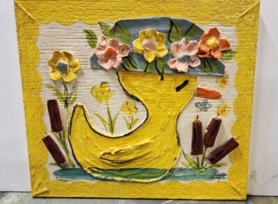 Vintage Signed Annette Fragale Sculptural 3D Duck Flowers Painting Art 12''x10.5''