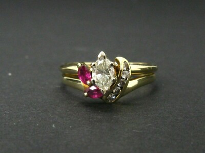 3ct Round Simulated Diamond & Ruby 925 Yellow Sterling Silver Bridal Ring Set