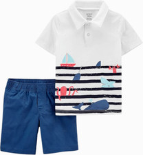 Carter's Baby Boys' 2 Piece SS Polo Shirt Poplin Shorts SET Sea Life 9 Mos.