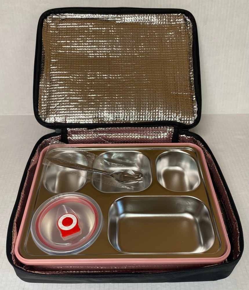 Portable 5-Compartment Lunch Bento Box Carrier in Pink & Black - 963A