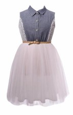 Bonnie Jean Girls Blue Chambray Sleeveless Dress Tulle Skirt Wedding Flower New