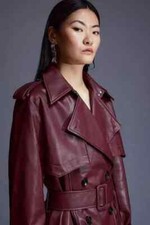 Burgundy Genuine Leather Casual Soft Fit New Women Trench Coat Handmade Lambskin