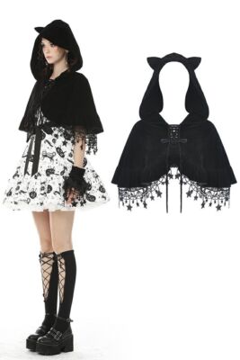 DARK IN LOVE Women Black Vintage Gothic Short Cape Steampunk Velvet cute Coat