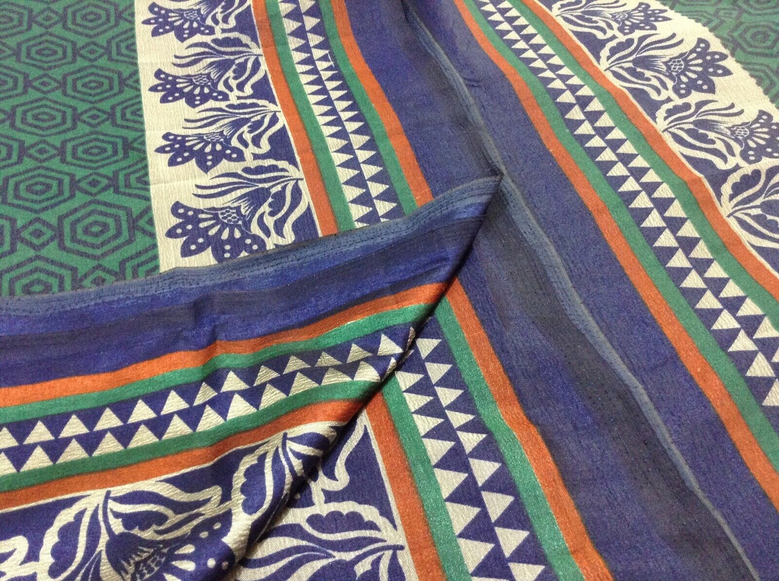 Vintage Indian Sari Art Silk Green Printed Fabric… - image 4