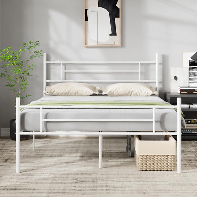 Stylish White Metal Full Size Bed Frame with Headboard, No Box Spring Needed