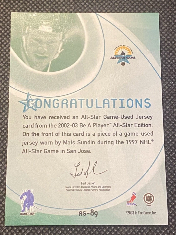 2002-03 In The Game Be A Player Star Game-Used Matis Sundin # AS-89  - Image 2 of 2