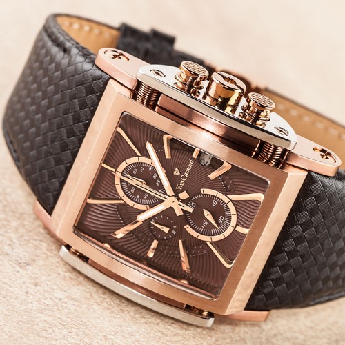 Yves Camani Escaut Orologio Uomo Cronografo Acciaio Oro Rosso Marrone Nuovo  | eBay