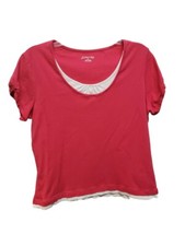 St John's Bay Woman Top Size L Pink White Round Neck Layered Look Short Sleeves