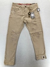 Smugglers Moon Jeans Mens 36x32 Khaki Beige Denim Button Fly Roll Up Distressed