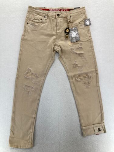 Smugglers Moon Jeans Mens 36x32 Khaki Beige Denim Button Fly Roll Up Distressed - Picture 1 of 18