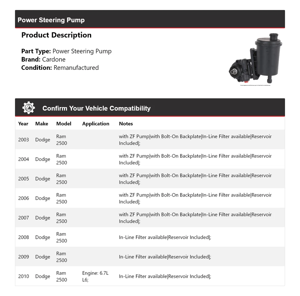 Bomba de dirección asistida Cardone para Dodge Ram 2500 2003-2010 2004 2005 2006 2007 Foto 2 de 4