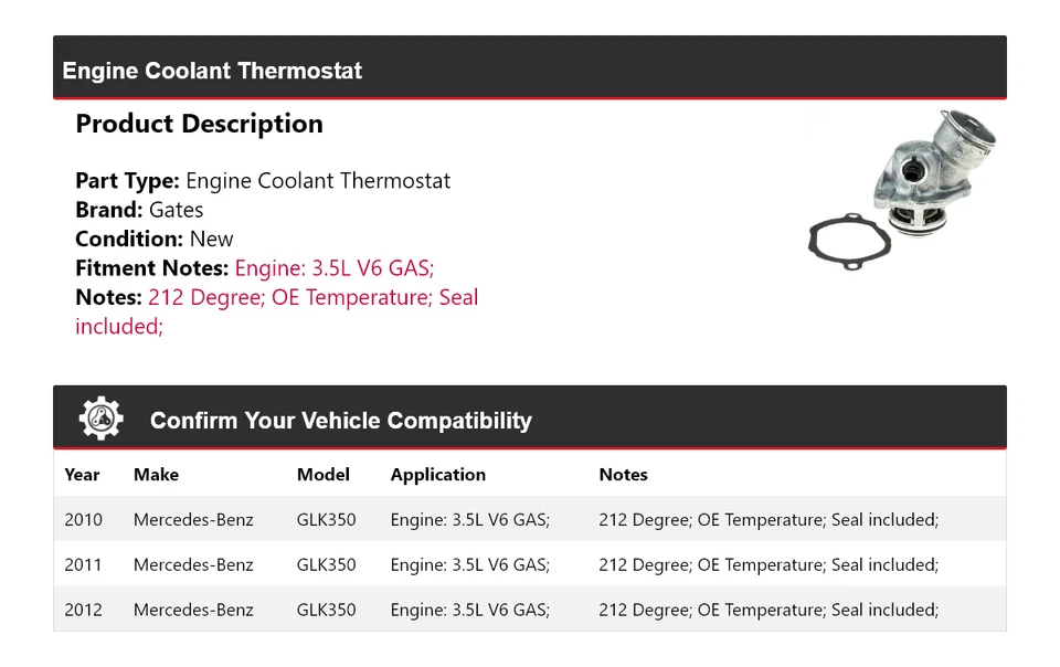 Para Mercedes-Benz GLK350 2010-2012 3,5 L V6 Motor Gas Refrigerante Termostato Puertas Foto 2 de 4