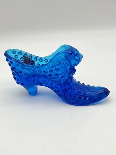 Fenton Art Glass Blue Lagoon Hobnail Cat Head Shoe Vintage Original Tag Perfect